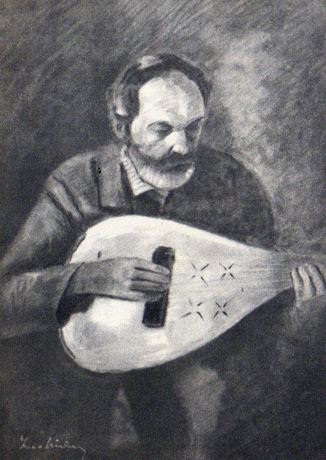 Studiu în cărbune — un bărbat cântând la cobză, aplecat peste instrument.